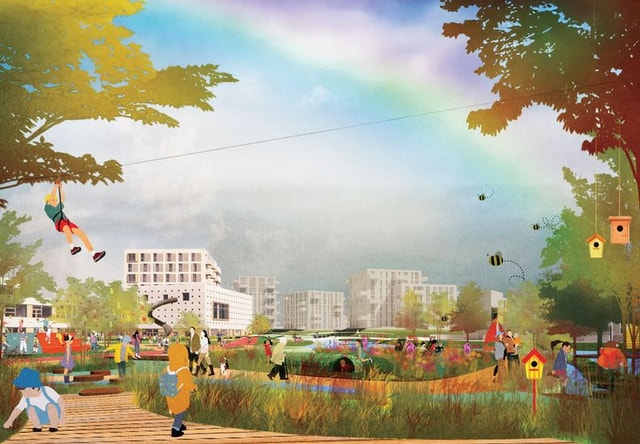 Westergouwe Community - CGI exterior of the school and surrounding area