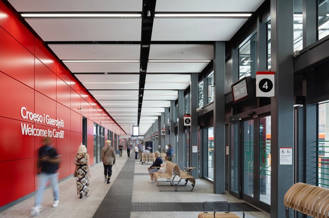 Cardiff Transport Interchange Image 7 Interior red wall windows bus terminal