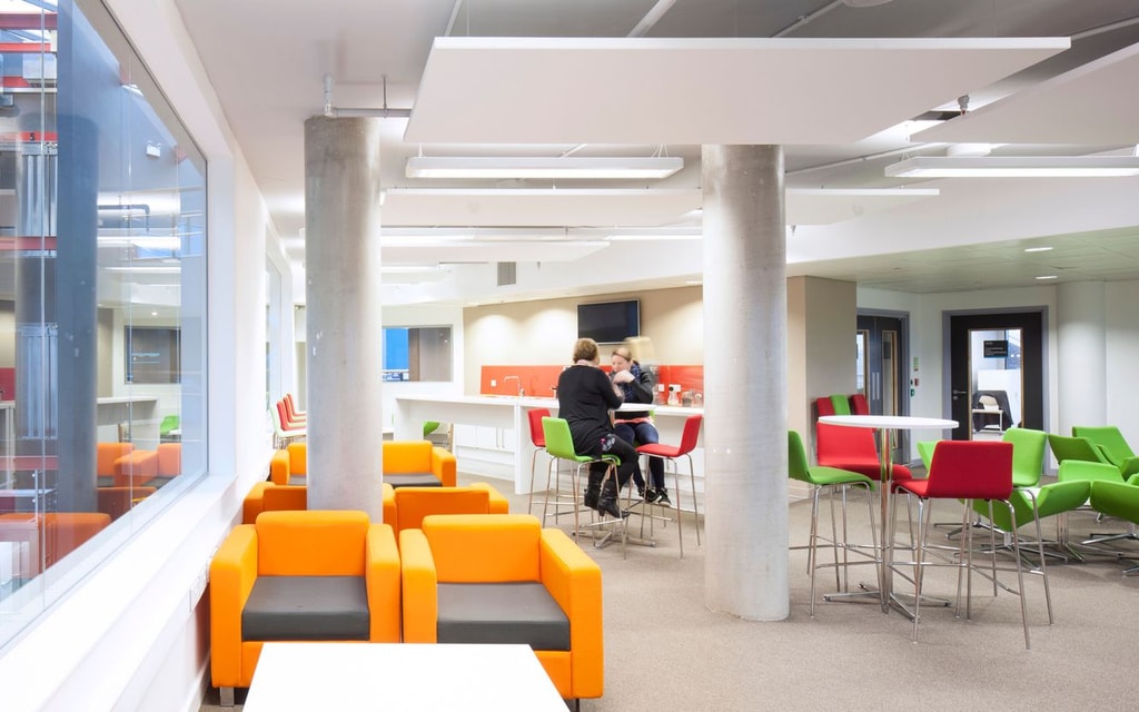 Cardiff and Vale College Community Campus Interior seating orange