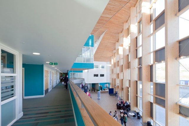 Interior balcony looking down on atrium