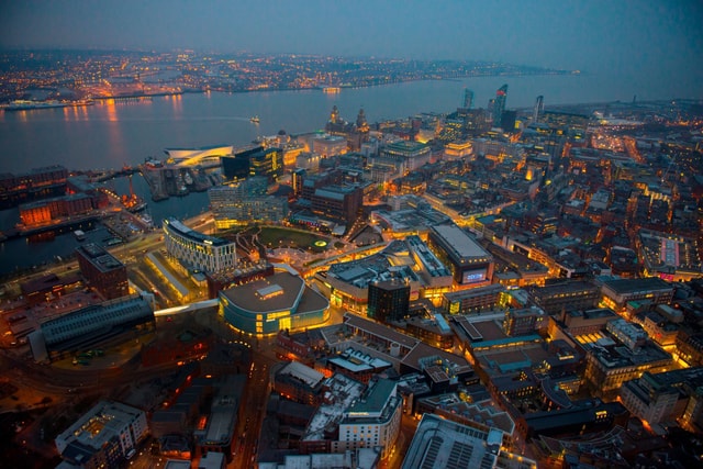Liverpool ONE Arial photo night with lights