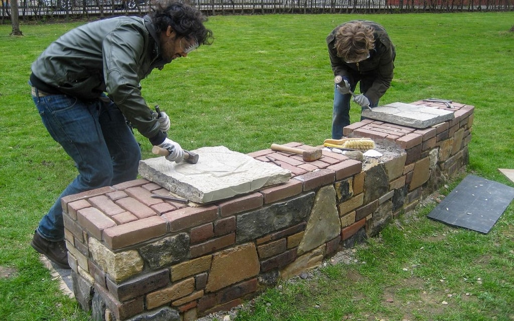 Biophilic images being carved on seats made of materials reclaimed from Chelsea Flower show, 2016.