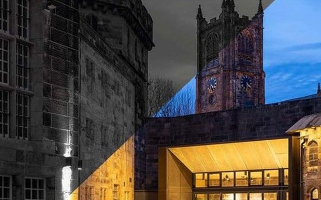 Lancaster Castle split image between B&W and Colour image